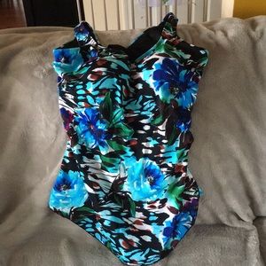 Blue Floral Print Faux Sarong Front Swimsuit